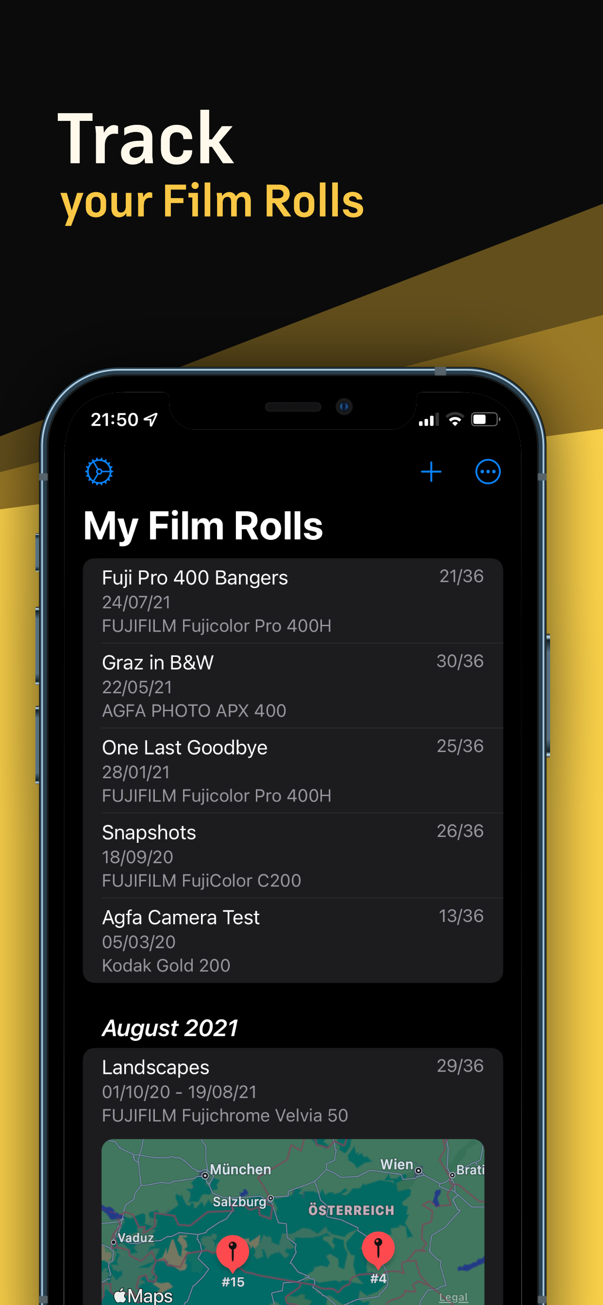 Screenshot of the Film Logbook app. List of active films.