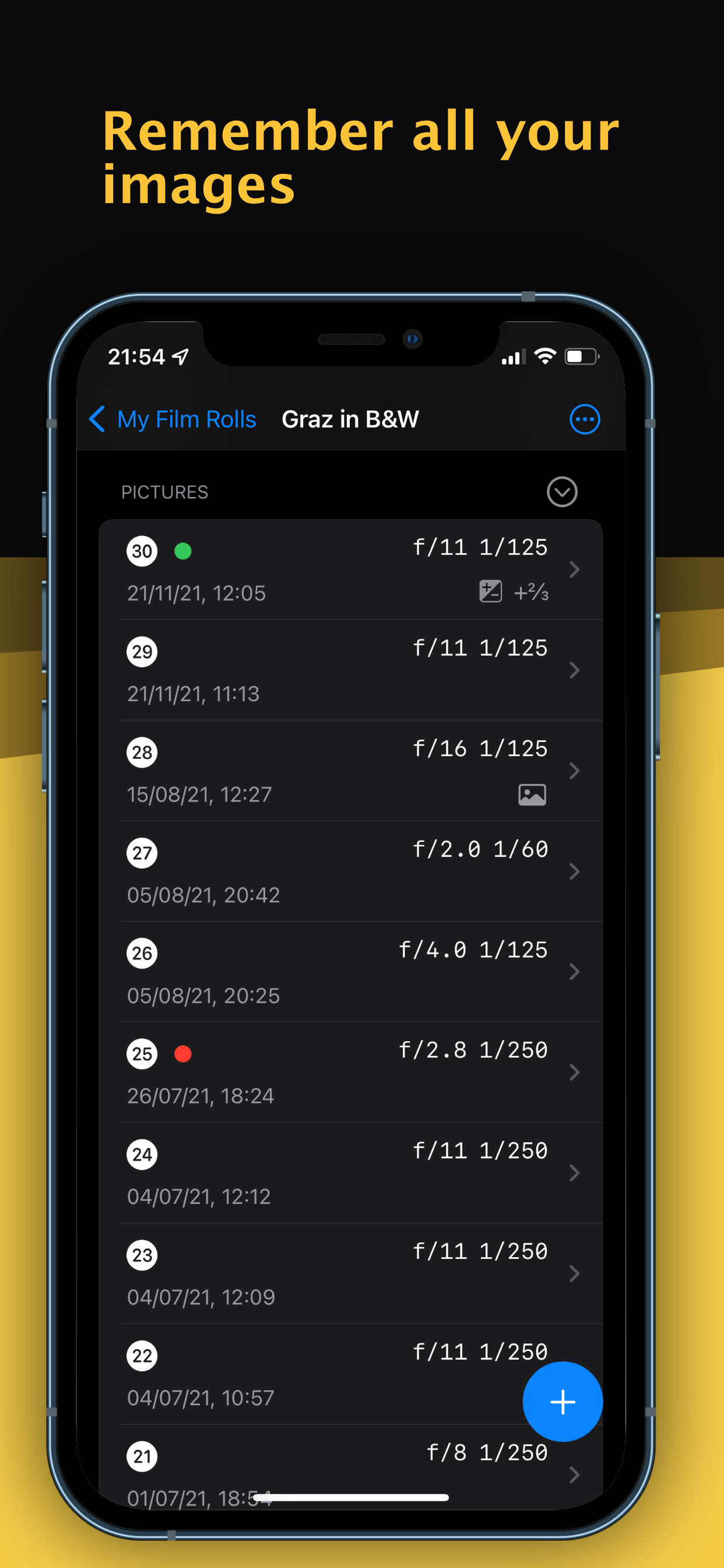Screenshot of the Film Logbook app. List of pictures taken inside a project.
