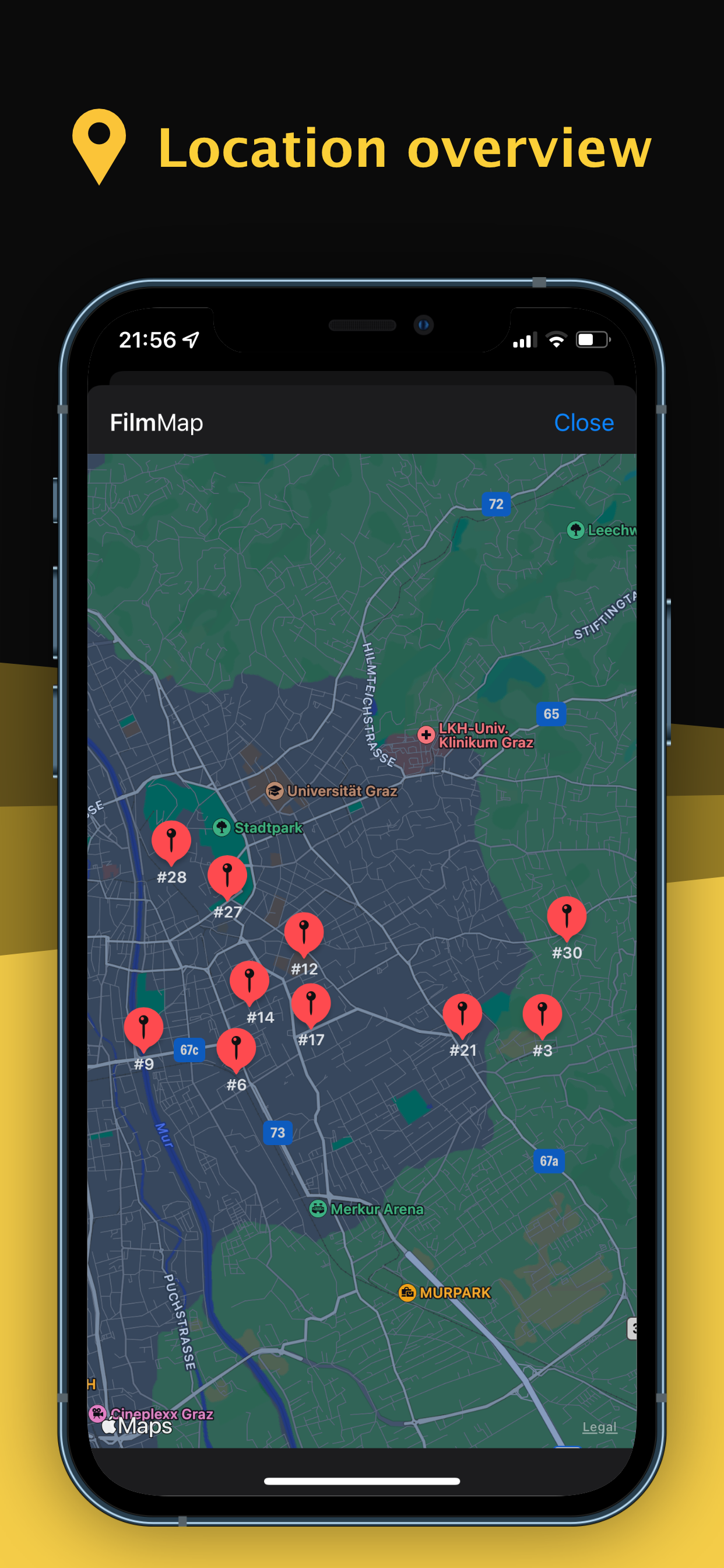 Screenshot of the Film Logbook app. Overview of locations where pictures were taken.