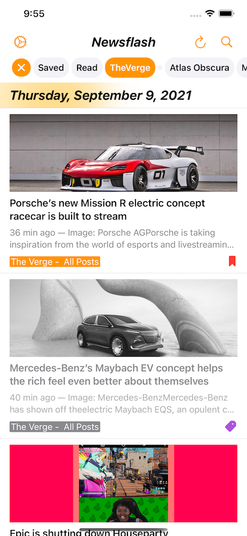 Screenshot of the NewsFlash app. Overview of the app's newsfeed.