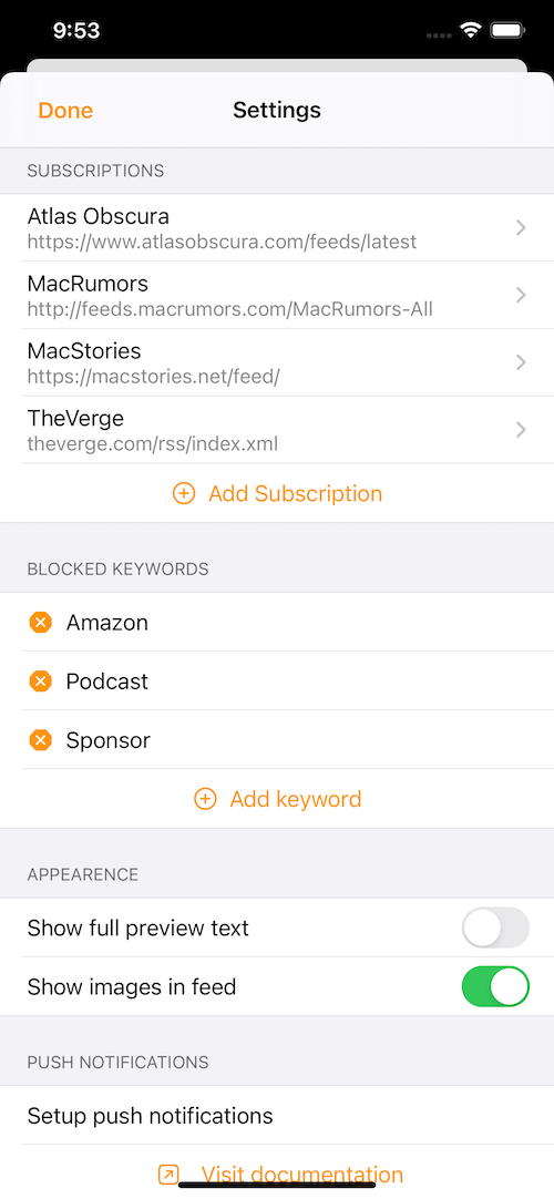 Screenshot of the NewsFlash app. The app's configurability.
